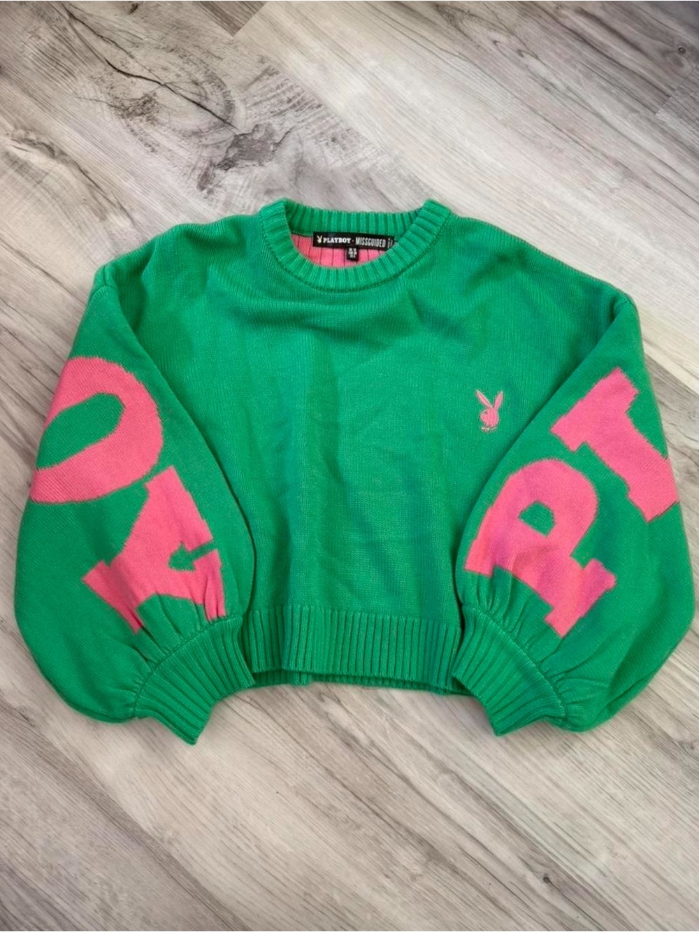 Missguided + Playboy Crewneck Sweater with Pink Sleeve Lettering